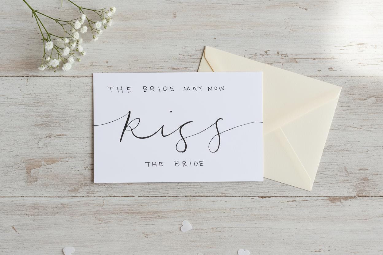 Kiss the Bride; Queer/Lesbian wedding card; Hand-painted elegant script design; LGBTQ+ inclusive; printed on textured cardstock; Mrs. & Mrs.