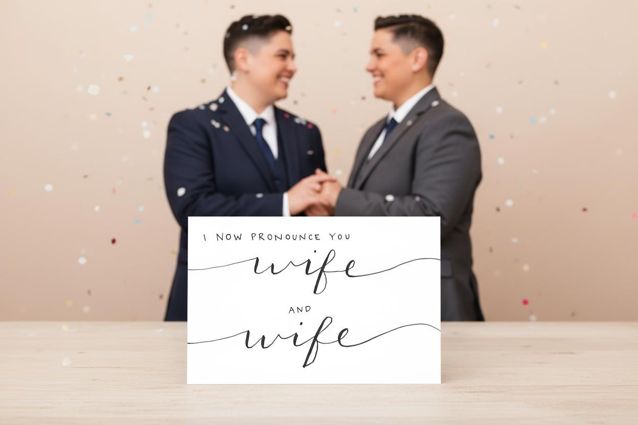 Wife and Wife; Queer/Lesbian wedding card; Elegant hand-drawn script design; LGBTQ+ inclusive; printed on textured cardstock; Mrs. & Mrs.