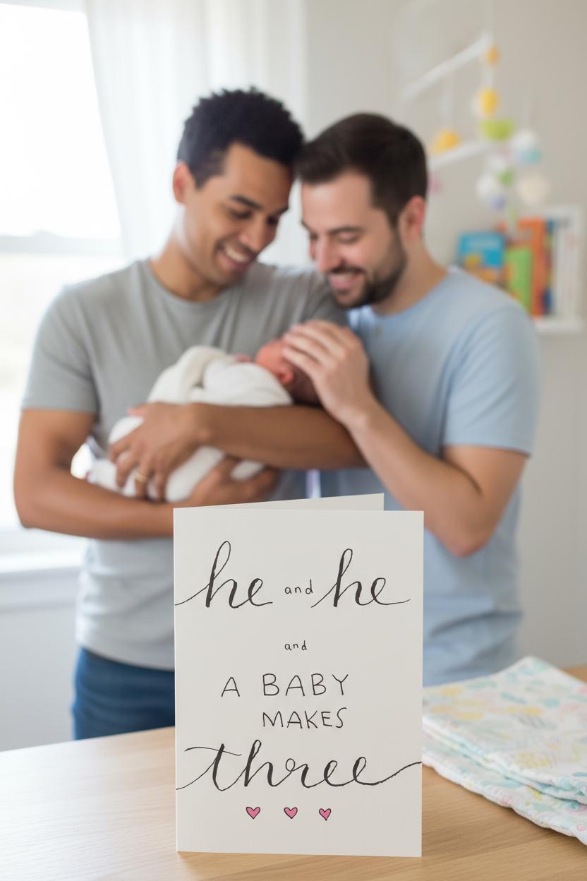 He and He and Baby; Baby Shower Celebratory Card; Elegant handdrawn script design; LGBTQ+ inclusive; printed on textured cardstock; New Dads