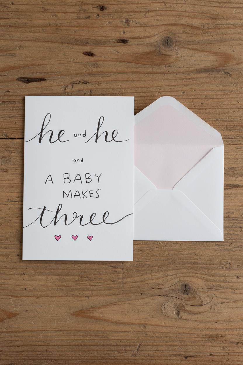 He and He and Baby; Baby Shower Celebratory Card; Elegant handdrawn script design; LGBTQ+ inclusive; printed on textured cardstock; New Dads