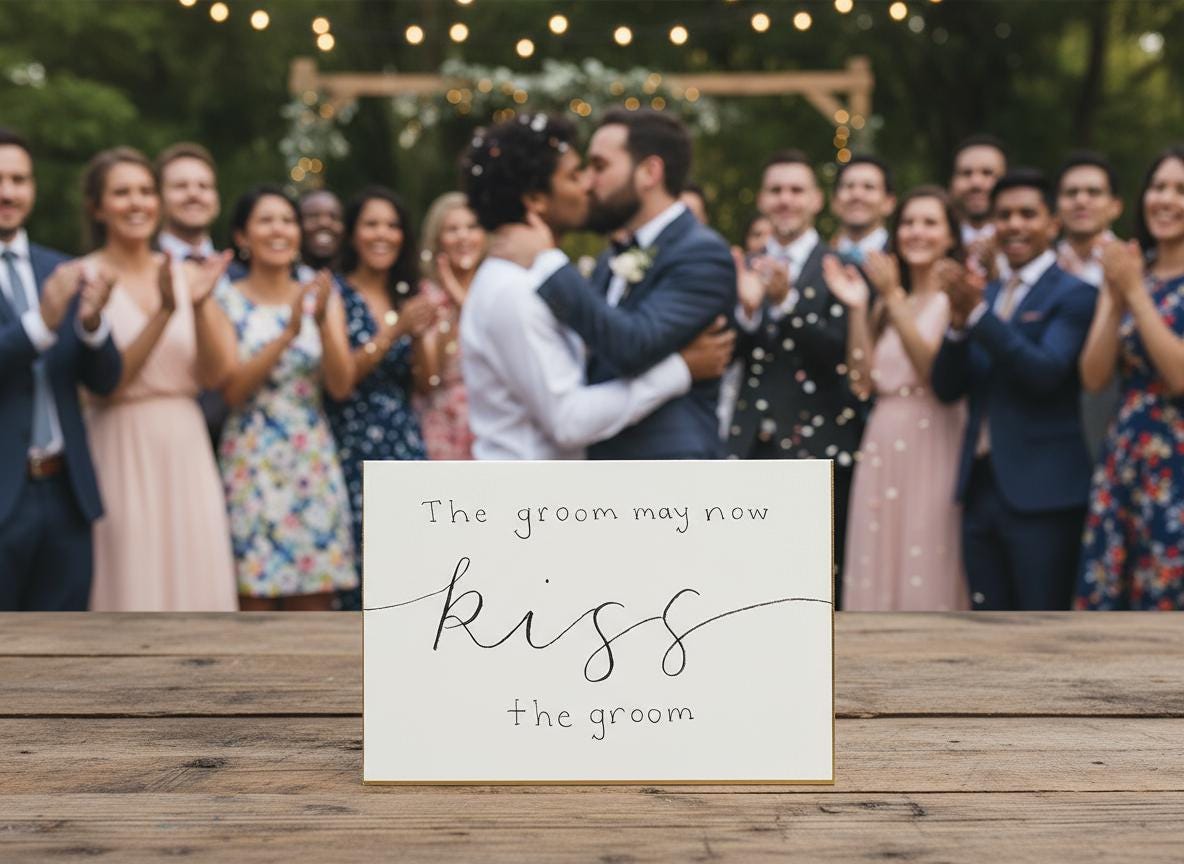 Kiss the Groom; Queer/Gay Wedding Card; Hand-painted elegant script design; LGBTQ+ inclusive; printed on textured cardstock; Mr. & Mr.