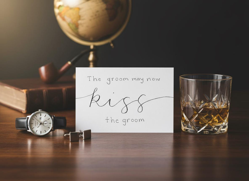 Kiss the Groom; Queer/Gay Wedding Card; Hand-painted elegant script design; LGBTQ+ inclusive; printed on textured cardstock; Mr. & Mr.