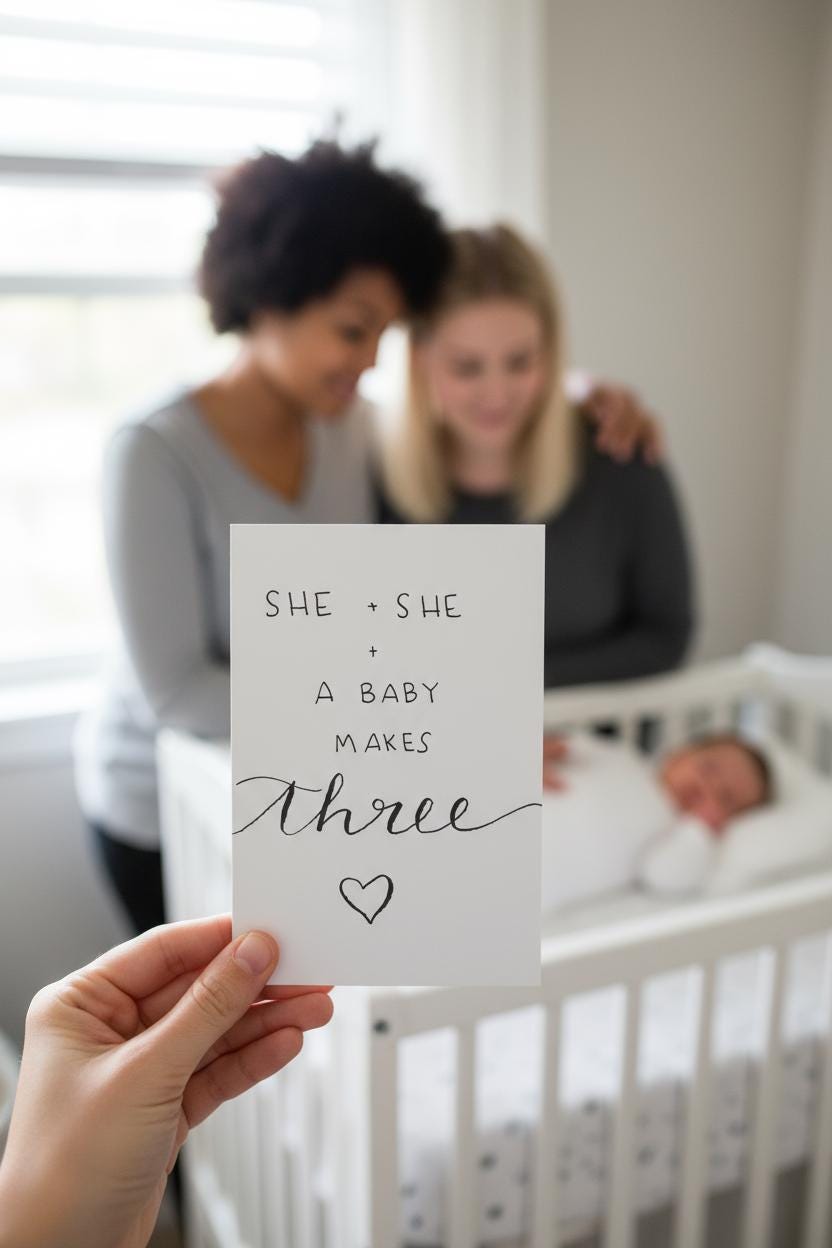 She and She and Baby; Baby Shower Celebratory Card; Hand-drawn script design; LGBTQ+ inclusive; printed on textured cardstock; New Moms