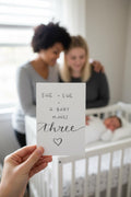 She and She and Baby; Baby Shower Celebratory Card; Hand-drawn script design; LGBTQ+ inclusive; printed on textured cardstock; New Moms