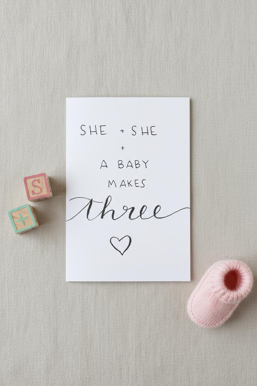 She and She and Baby; Baby Shower Celebratory Card; Hand-drawn script design; LGBTQ+ inclusive; printed on textured cardstock; New Moms