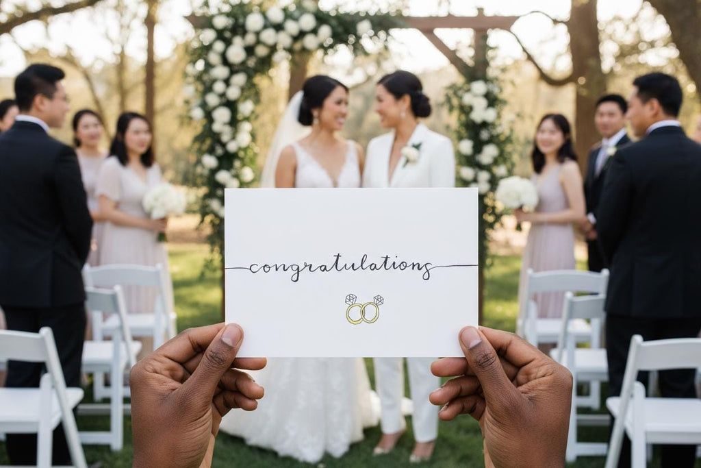 Congratulations; Queer/Lesbian wedding card; Hand-painted watercolor design; LGBTQ+ inclusive; printed on textured white paper; Mrs. & Mrs.
