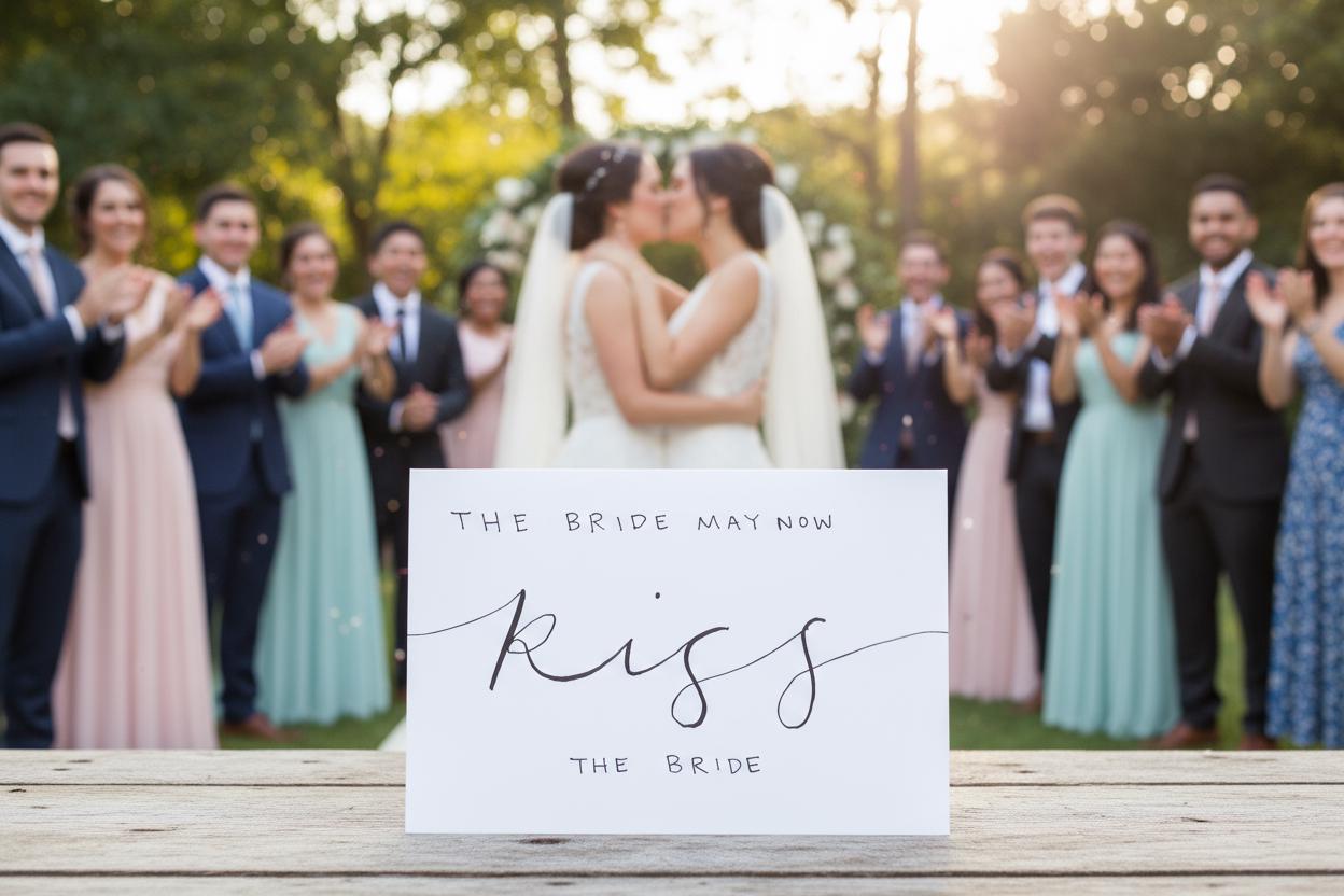 Kiss the Bride; Queer/Lesbian wedding card; Hand-painted elegant script design; LGBTQ+ inclusive; printed on textured cardstock; Mrs. & Mrs.