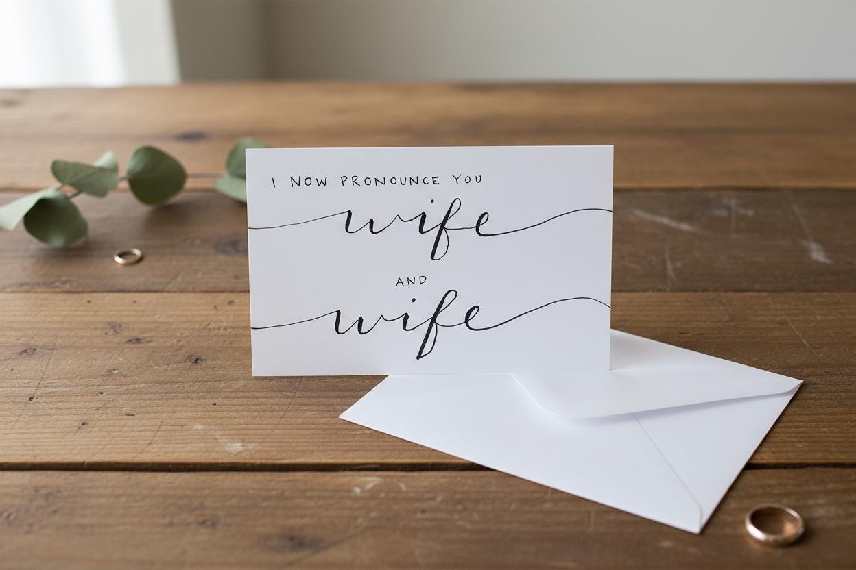 Wife and Wife; Queer/Lesbian wedding card; Elegant hand-drawn script design; LGBTQ+ inclusive; printed on textured cardstock; Mrs. & Mrs.