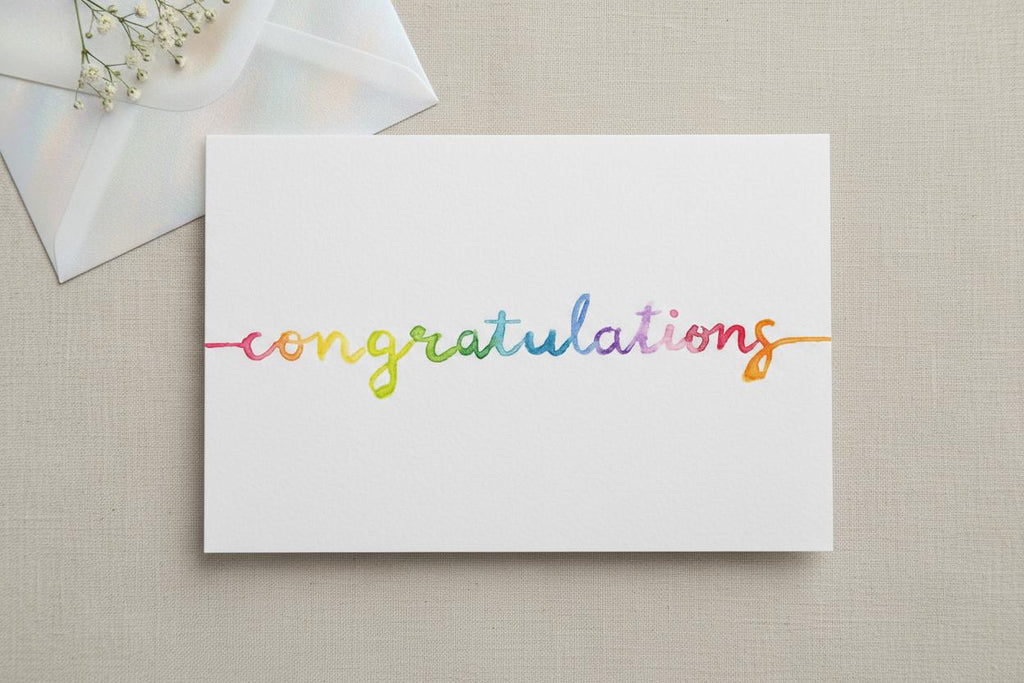 Congratulations Greeting Card; Hand-painted watercolor design; LGBTQ+ Pride; Queer Celebration; Allyship Support; Rainbow