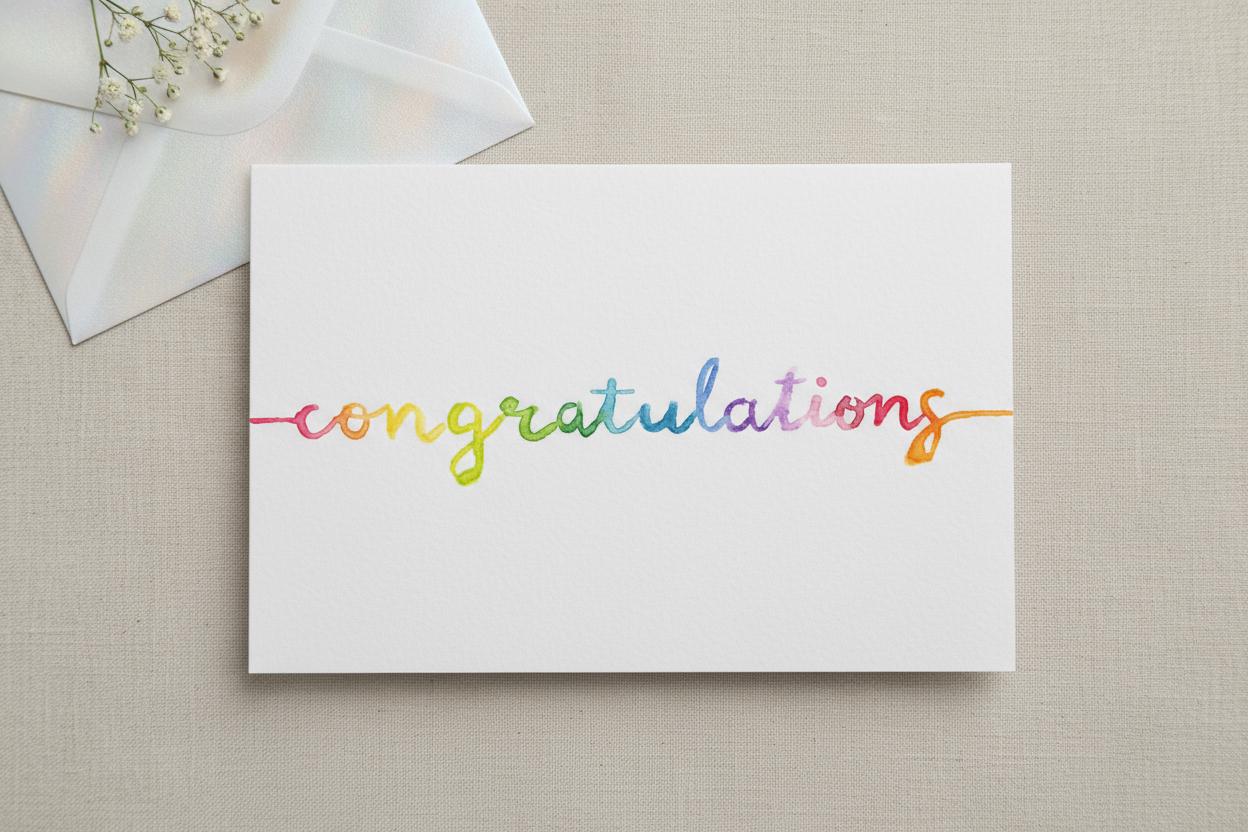 Congratulations Greeting Card; Hand-painted watercolor design; LGBTQ+ Pride; Queer Celebration; Allyship Support; Rainbow
