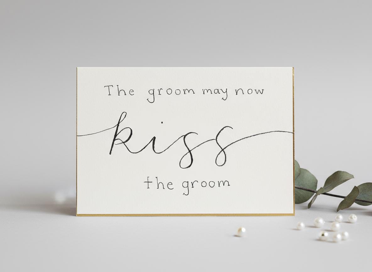 Kiss the Groom; Queer/Gay Wedding Card; Hand-painted elegant script design; LGBTQ+ inclusive; printed on textured cardstock; Mr. & Mr.