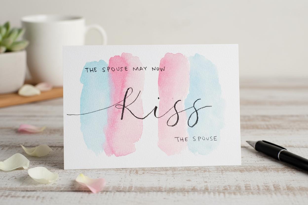 Kiss the Spouse | Non-Binary / Trans / Queer Wedding, Engagement, Shower Card | Hand-painted Watercolor Design | LGBTQ Pride | Celebration