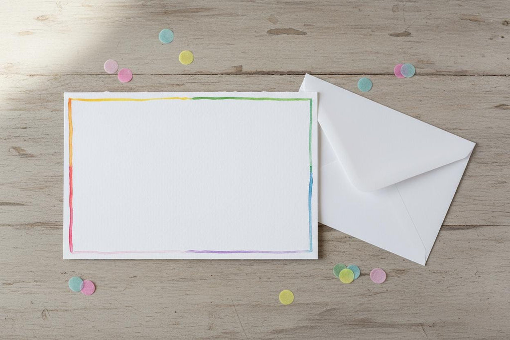 Pack of 5 Rainbow Border Stationary Cards; Handpainted watercolor design; LGBTQ+ Pride; Queer Celebration; Ally Support; Rainbow; Multi-Pack