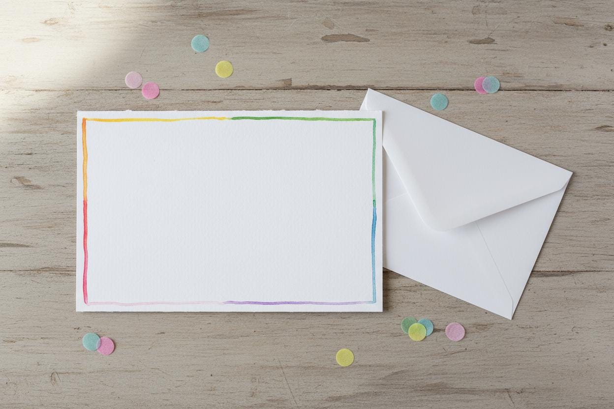 Pack of 5 Rainbow Border Stationary Cards; Handpainted watercolor design; LGBTQ+ Pride; Queer Celebration; Ally Support; Rainbow; Multi-Pack