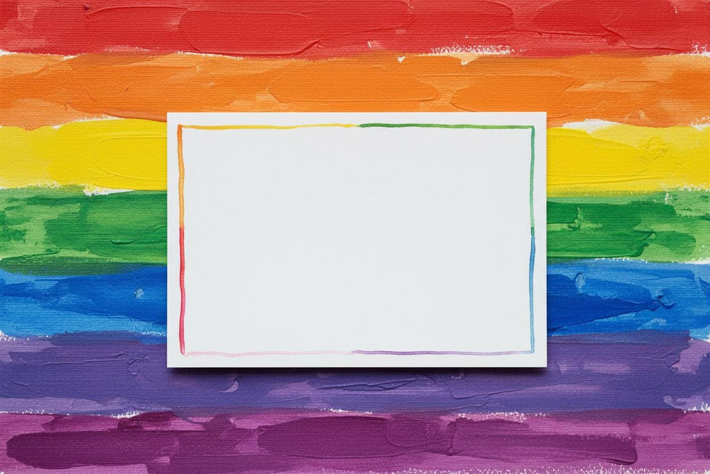 Pack of 5 Rainbow Border Stationary Cards; Handpainted watercolor design; LGBTQ+ Pride; Queer Celebration; Ally Support; Rainbow; Multi-Pack