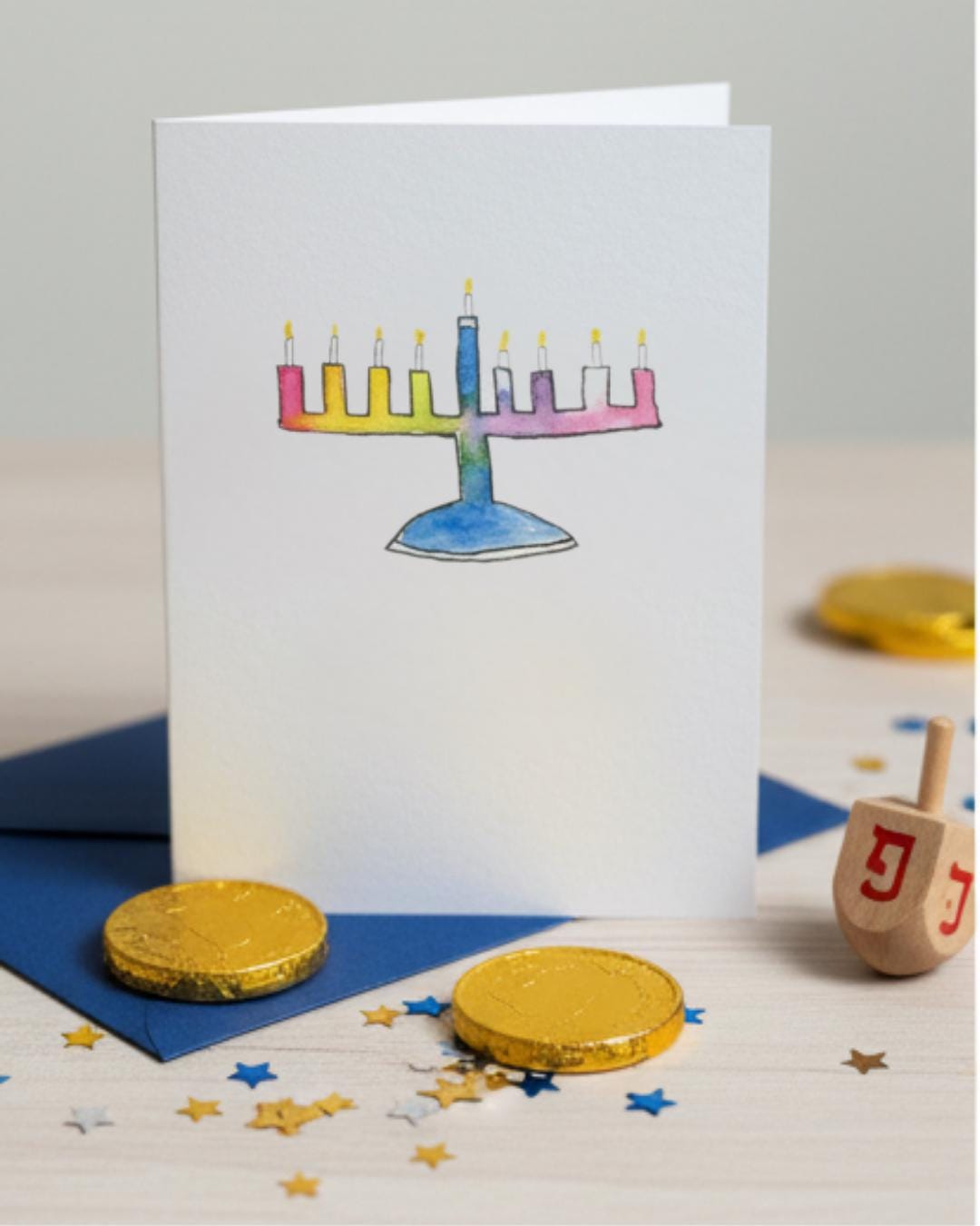Happy Hanukkah Card | LGBTQ+ Inclusive | Rainbow Watercolor Menorah | Jewish Holiday Celebration Card