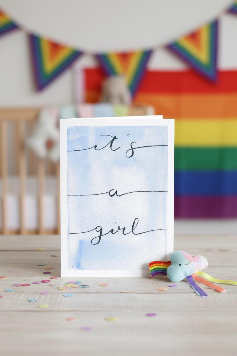 Trans Girl Coming Out Card | “It’s a Girl!” Blue Watercolor | Affirming Transgender Milestone, Transition, Name Change, HRT Anniversary
