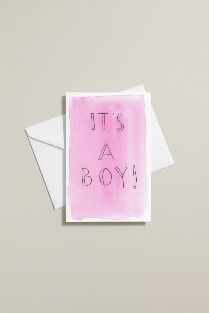 Trans Boy Coming Out Card | “It’s a Boy!” Pink Watercolor | Affirming Transgender Milestone, Transition, Name Change, T-Versary