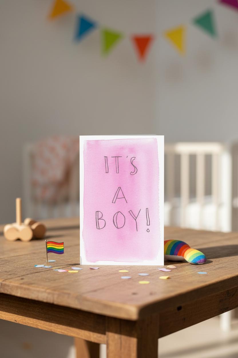 Trans Boy Coming Out Card | “It’s a Boy!” Pink Watercolor | Affirming Transgender Milestone, Transition, Name Change, T-Versary