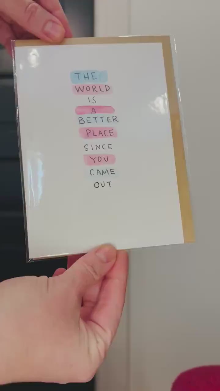 Better Place with You Coming Out Greeting Card; Hand-painted watercolor design; LGBTQ+ Pride; Queer Celebration; Ally Support; Trans Flag
