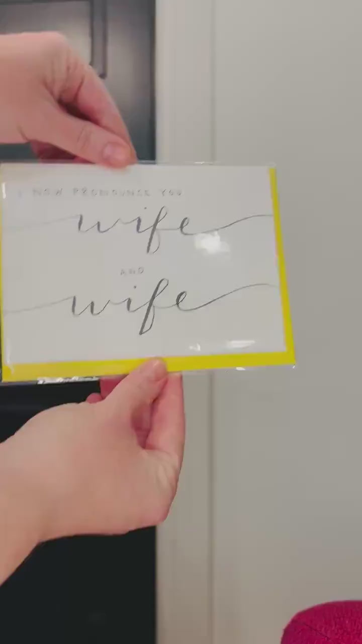 Wife and Wife; Queer/Lesbian wedding card; Elegant hand-drawn script design; LGBTQ+ inclusive; printed on textured cardstock; Mrs. & Mrs.