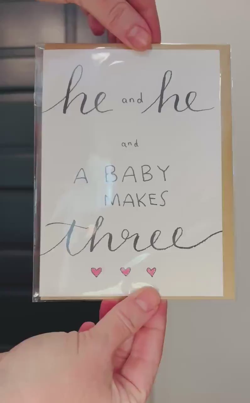 He and He and Baby; Baby Shower Celebratory Card; Elegant handdrawn script design; LGBTQ+ inclusive; printed on textured cardstock; New Dads