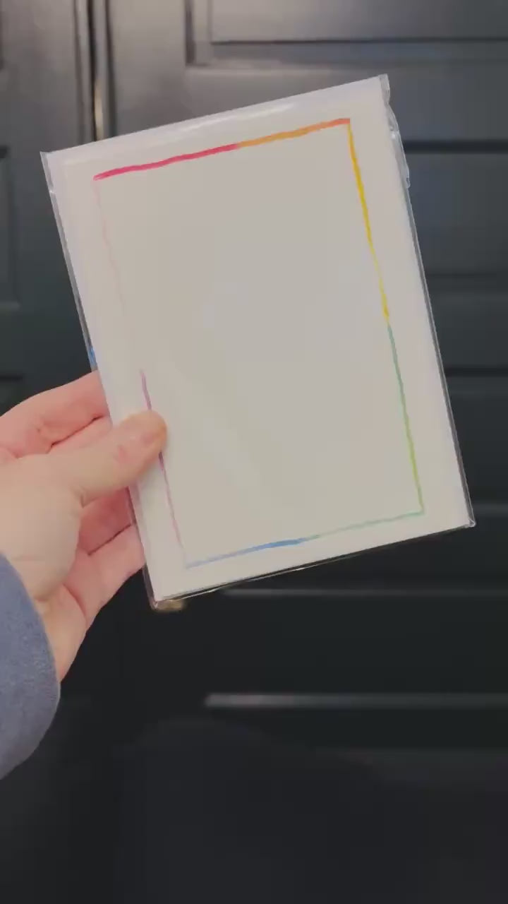 Pack of 5 Rainbow Border Stationary Cards; Handpainted watercolor design; LGBTQ+ Pride; Queer Celebration; Ally Support; Rainbow; Multi-Pack